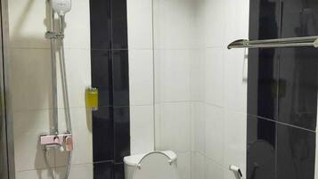 A small bathroom with a toilet, a shower, and a toilet paper holder.
