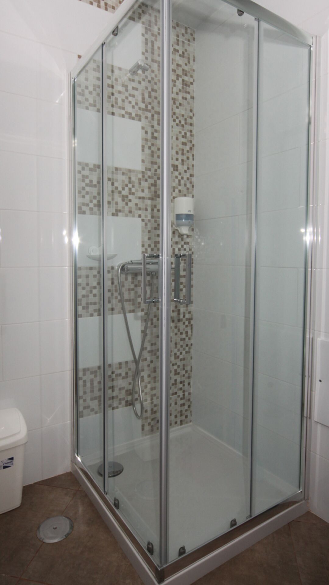 Ducha con paredes de vidrio, revestimiento de azulejos y un inodoro a la izquierda.
