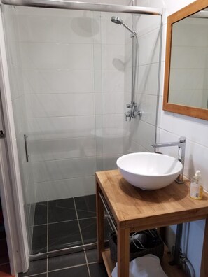 Douche, sèche-cheveux, serviettes fournies, papier toilette