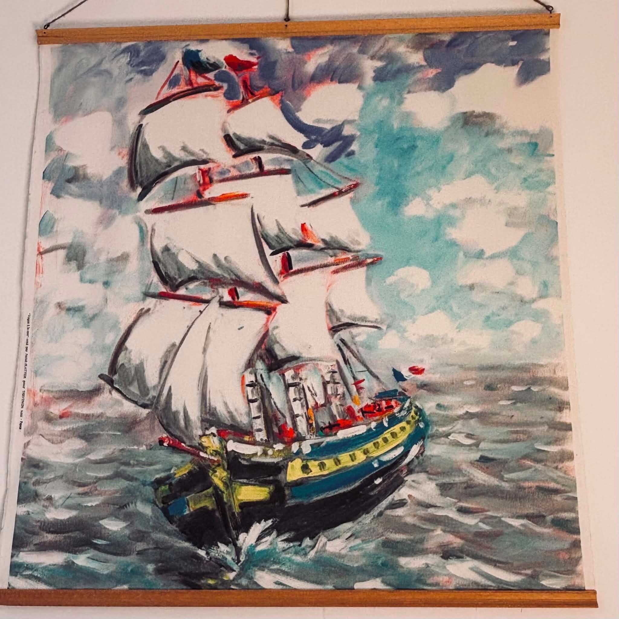 Een schilderij van een zeilschip op het water.