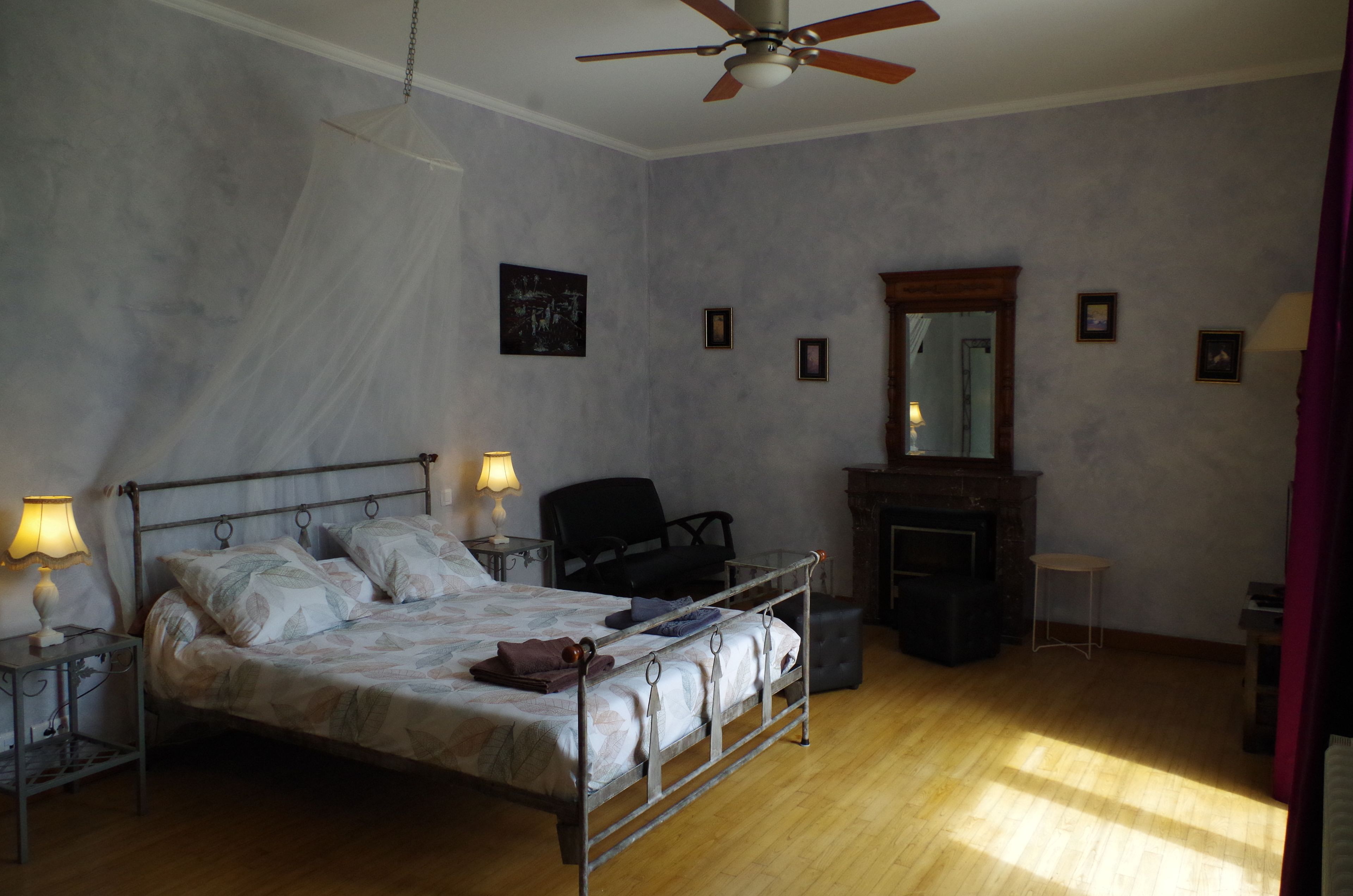 A bedroom with a metal bed frame, a bedside table with a lamp, a chair, a fireplace, and a ceiling fan.