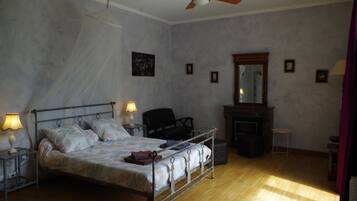 A bedroom with a metal bed frame, a bedside table with a lamp, a chair, a fireplace, and a ceiling fan.