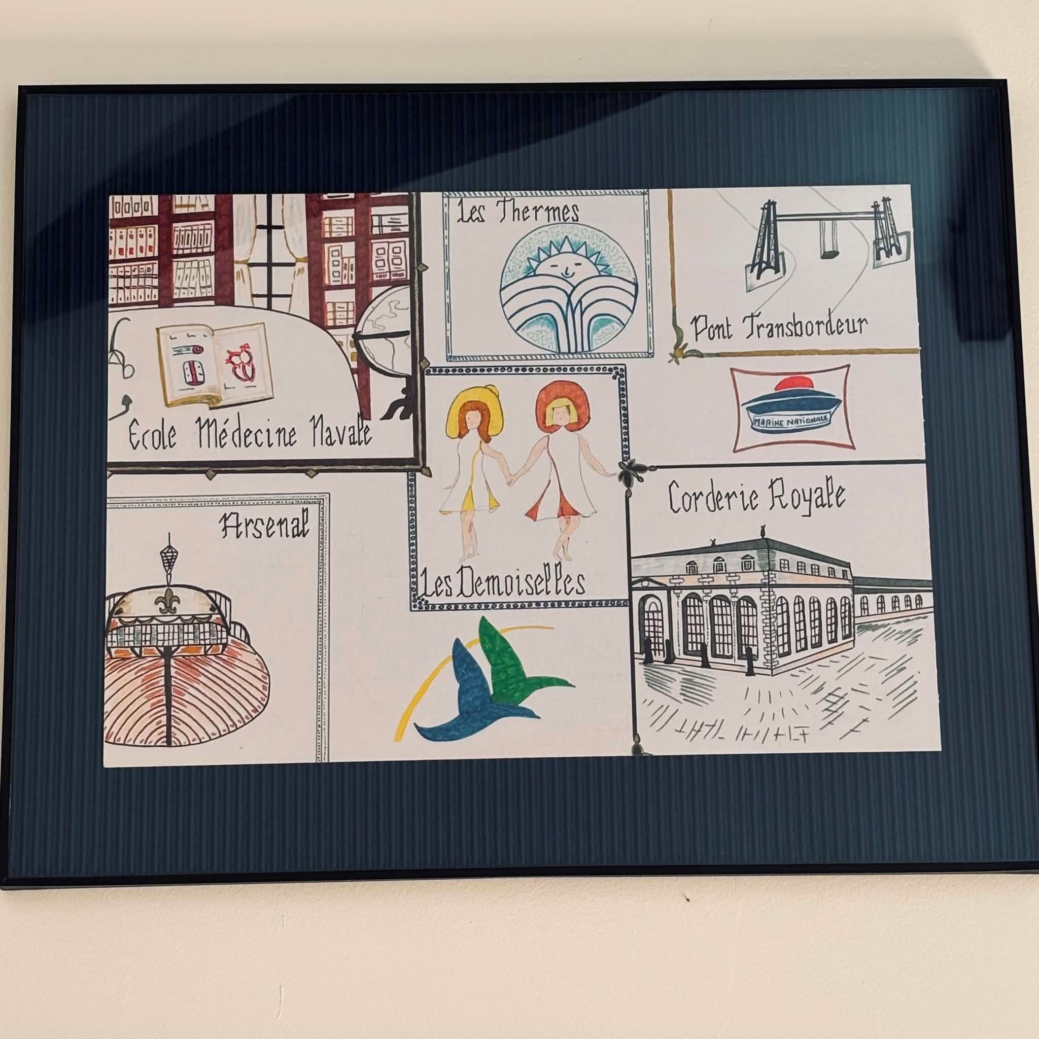 A hand-drawn map of a town with labeled landmarks such as 'Ecole MÃ©dicine Navale,' 'HRSenal,' 'Les Demoselles,' 'Pont Transbordeur,' and 'Corderie Royale.'