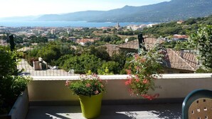 Eine Terrasse mit Blick auf eine Küstenstadt, einem grünen Blumentopf und einem Metallstuhl.