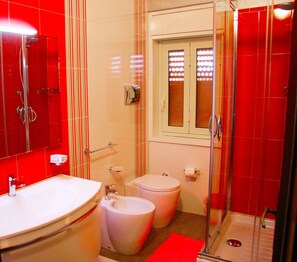 Shower, hair dryer, bidet, towels