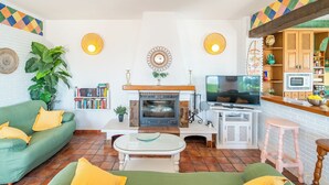 A living room with a fireplace, television, bookshelves, and a dining area.