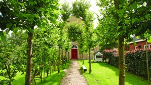 A pathway leading to a red door, surrounded by trees and a small building.