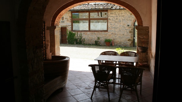 Un patio interior con pared de piedra, una maceta grande, mobiliario de mimbre y vistas al jardín exterior.