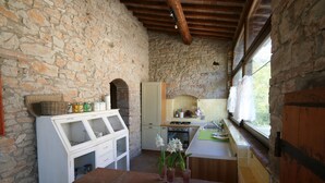 Una cocina rústica con paredes de piedra, vigas de madera y una pequeña isla con pileta y encimera.