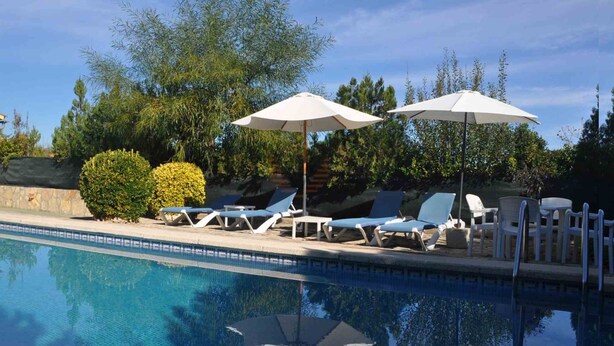 Uma área de piscina com espreguiçadeiras e guarda-sóis, rodeada por vegetação e árvores.