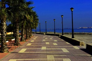 Un chemin pavé bordé de palmiers et éclairé par des lampadaires, qui mène à un plan d’eau.