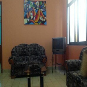 Un salon avec un canapé, un téléviseur posé sur un meuble et un tableau accroché au mur.