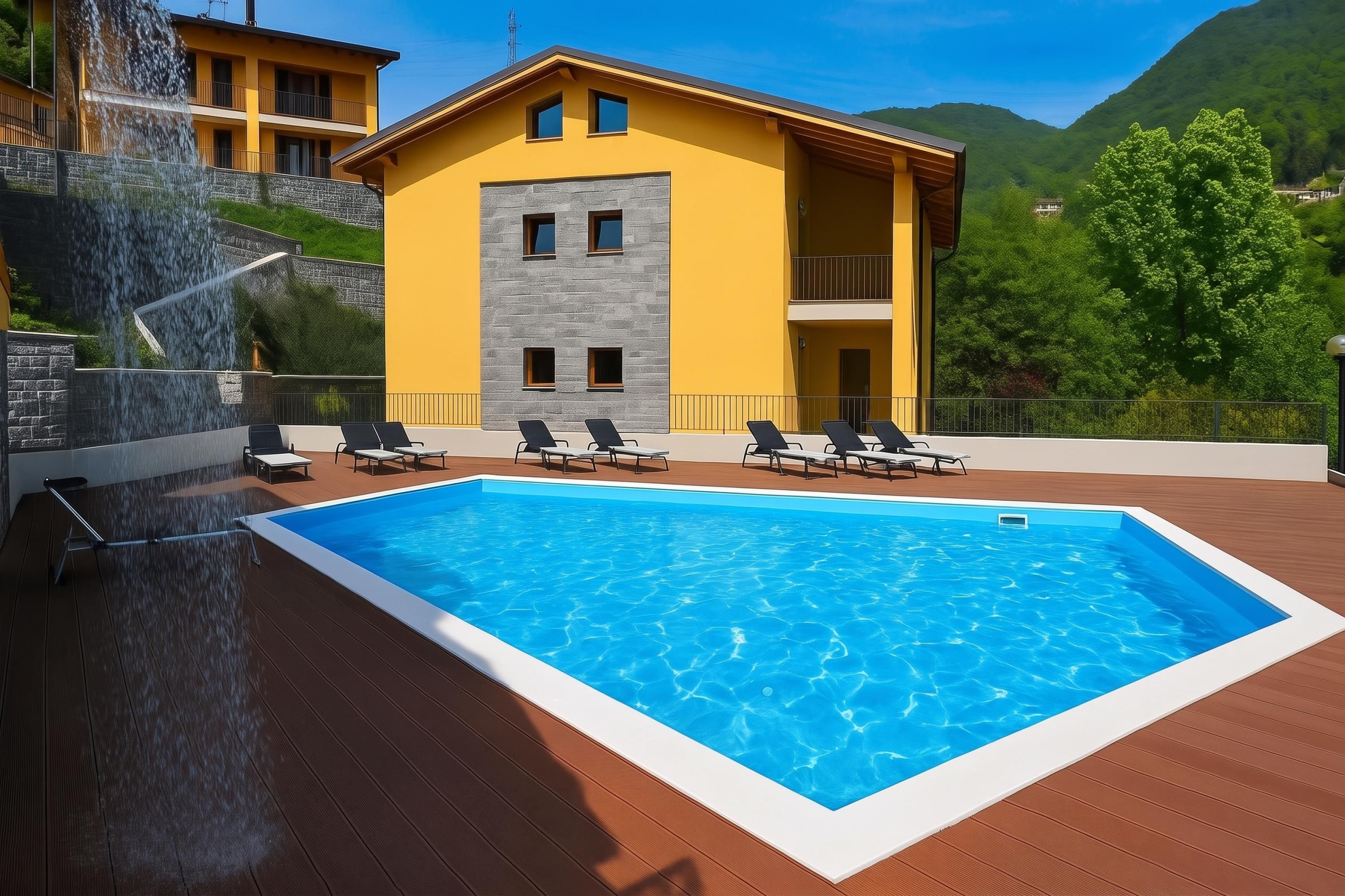 Una piscina con lettini, un muro in pietra e un edificio giallo con balconi.
