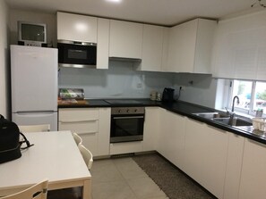 Fridge, microwave, stovetop, coffee/tea maker