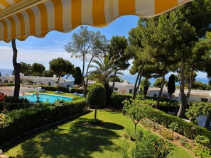 Alberca al aire libre y camastros 