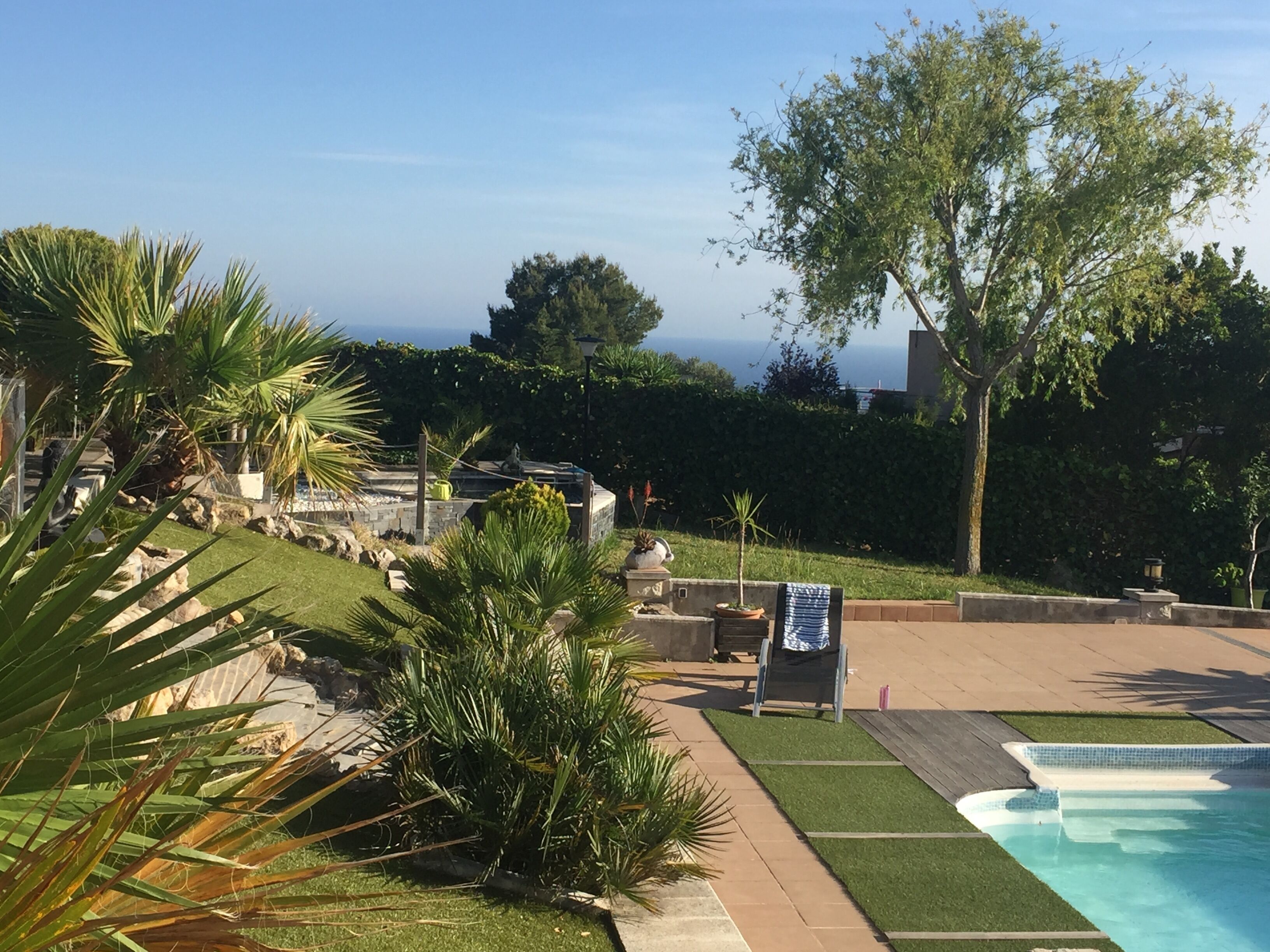 A pool area with a view of the ocean, surrounded by palm trees and a stone wall.