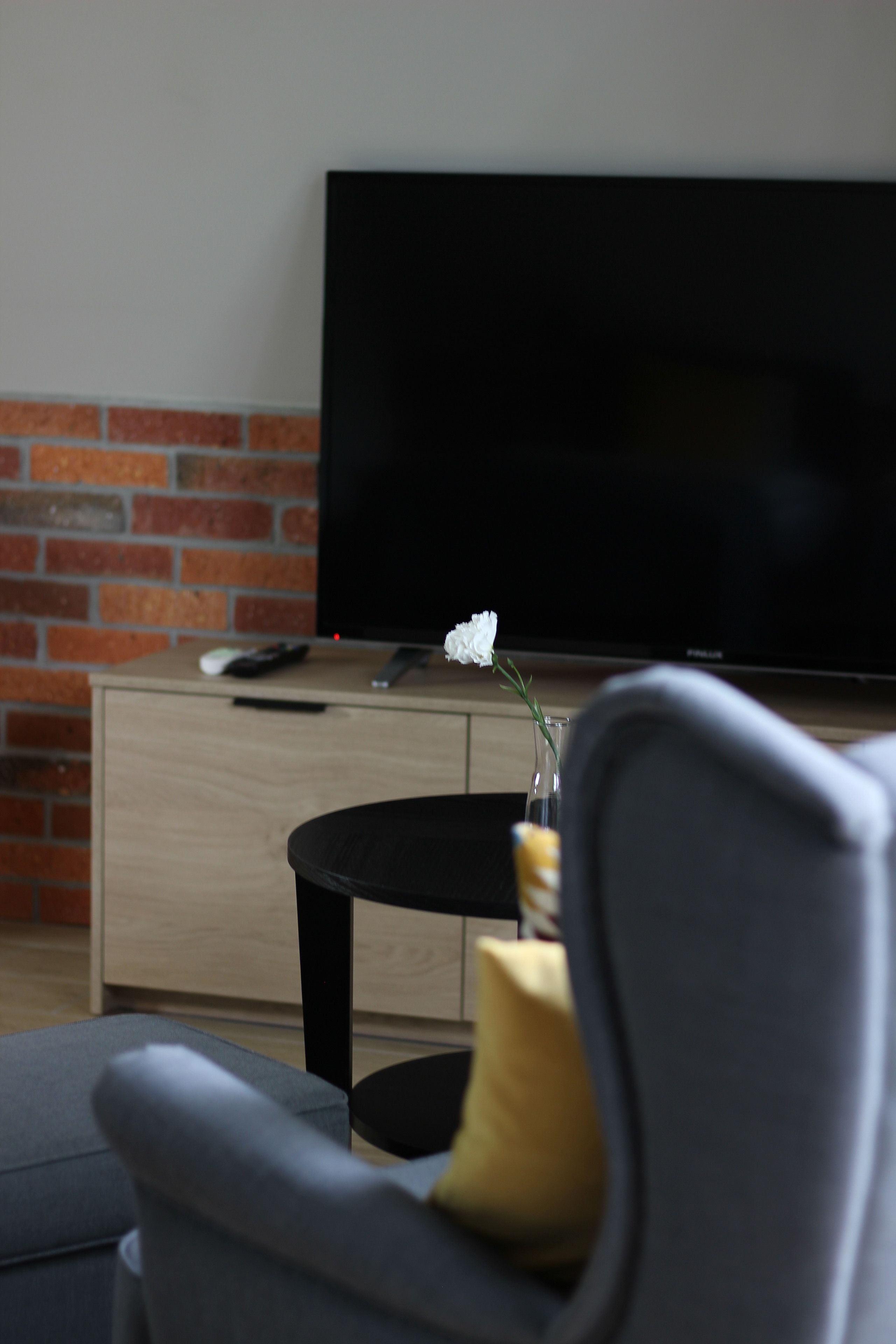 Una sala moderna con un televisor de pantalla plana sobre un mueble de madera, un control remoto, un florero con una flor blanca y un sofá gris con un cojín amarillo.