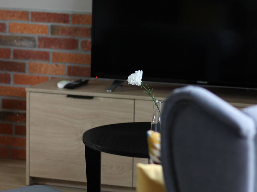 A modern living room with a flat-screen TV on a wooden cabinet, a remote control, a vase with a single white flower, and a grey sofa with a yellow pillow.
