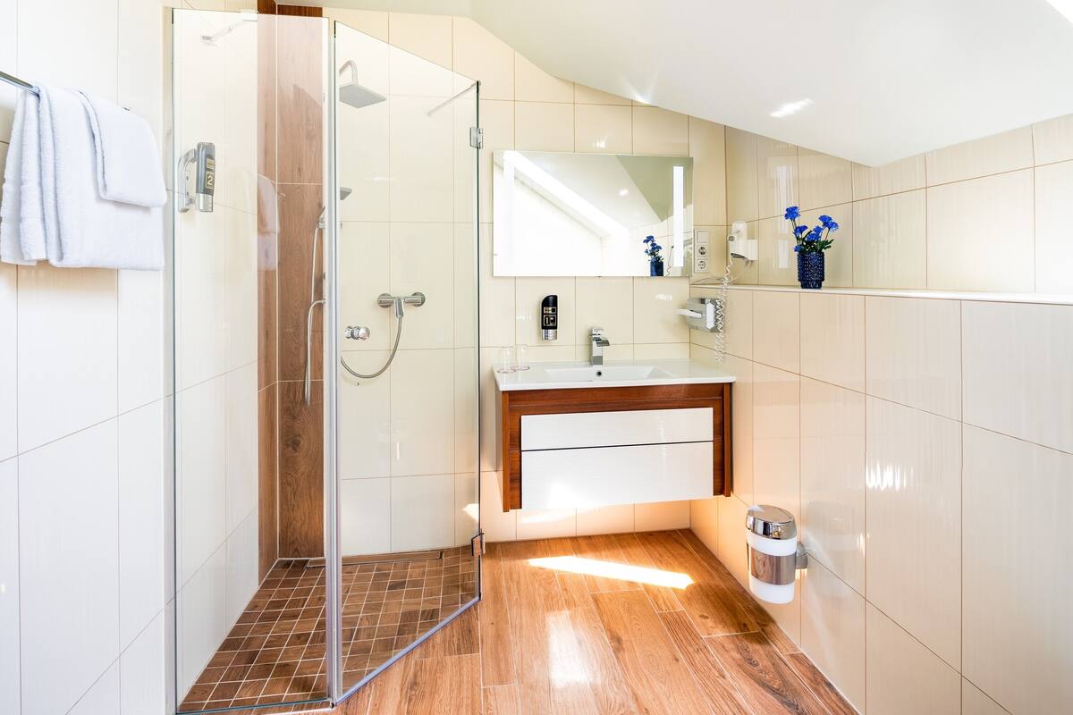 shower, towels, toilet paper