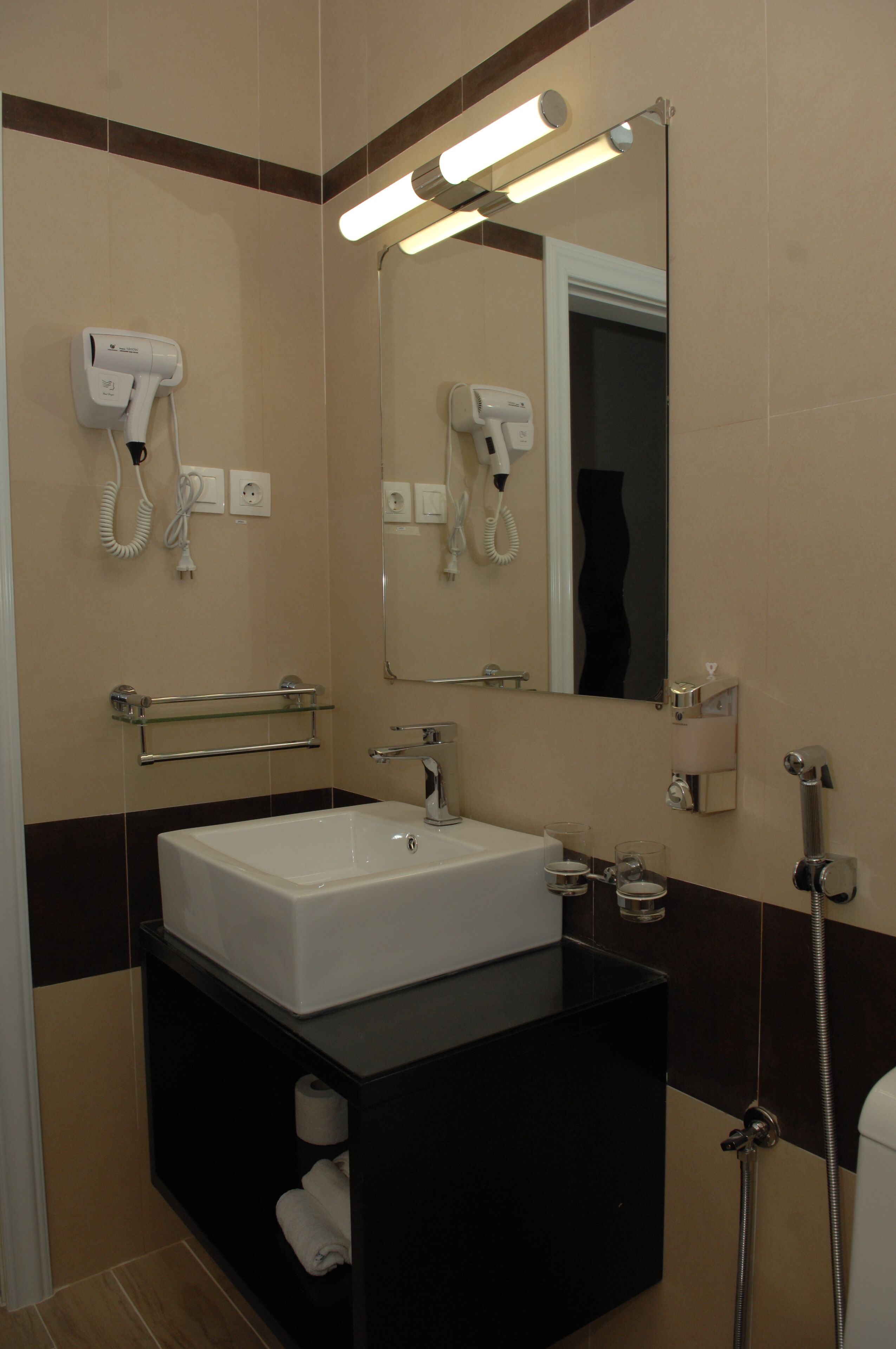 shower, bathrobes, towels