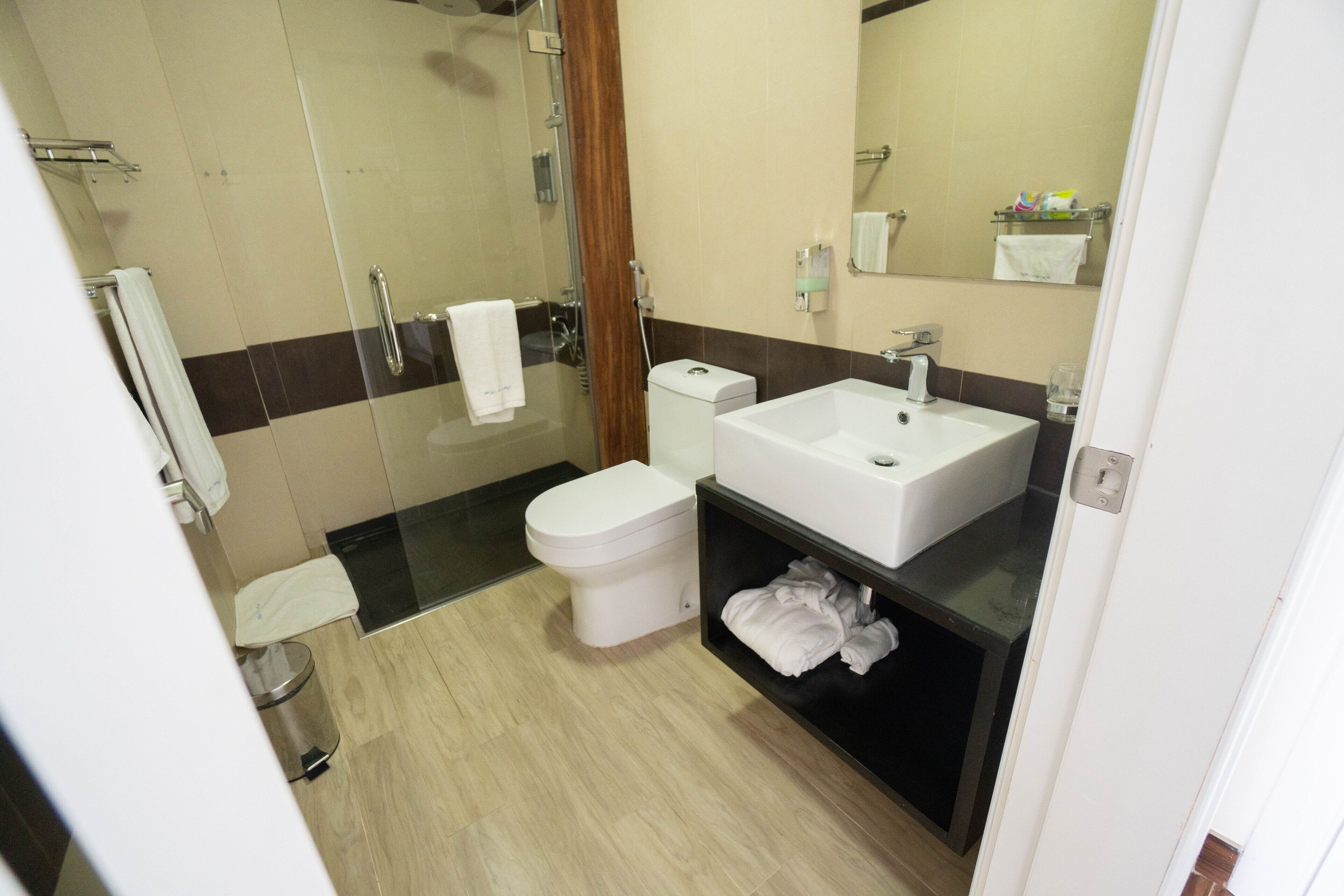 shower, bathrobes, towels