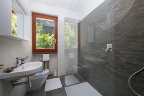 Bathtub, hair dryer, bidet, towels