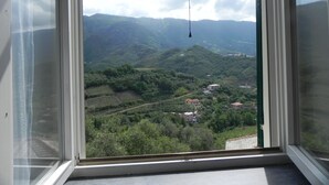 A view from a window overlooking a mountainous landscape with terraced fields and scattered buildings. - Zulin Farm. Air-conditioned accommodations for 4–7 people 011017-AGR-0025 (Levanto)