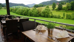 An outdoor dining area with wicker chairs and tables, a view of green hills and a distant house, and a metal bucket with a plant. - Fuxxbau Fischerbach (Fischerbach)