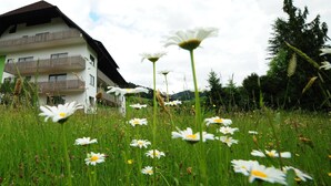 A hotel with a balcony, surrounded by a grassy field with daisies. - Fuxxbau Fischerbach (Fischerbach)