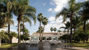 Een resort met een zwembad, palmbomen en terras.