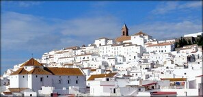 Un área de edificios blancos muy compacta, con una torre destacada.