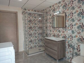 Combined shower/bathtub, hair dryer, bidet, towels