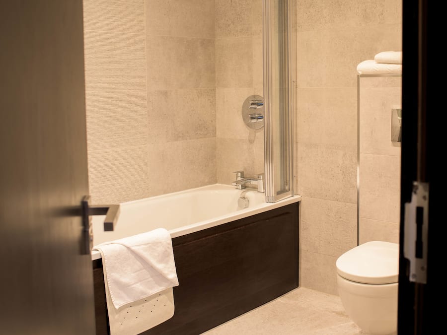 Combined shower/tub, free toiletries, hair dryer, towels