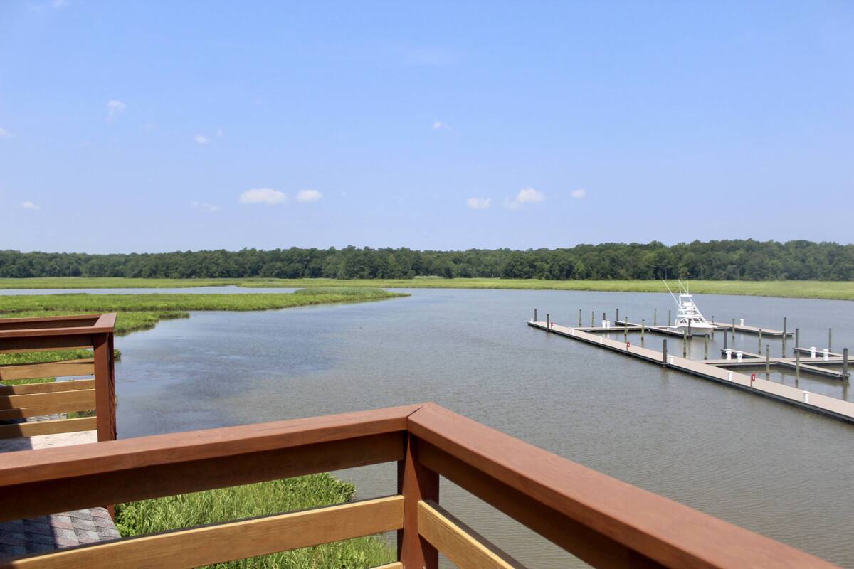 A riverside view with a wooden dock and a bridge.