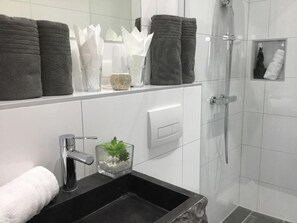 Een douche, een regendouche, gratis toiletartikelen, een haardroger