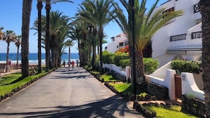 A coastal road lined with palm trees and white buildings, leading to the beach. - Parque Santiago 1: Seafront apartment with private terrace & £100K pool makeover (Costa Adeje)