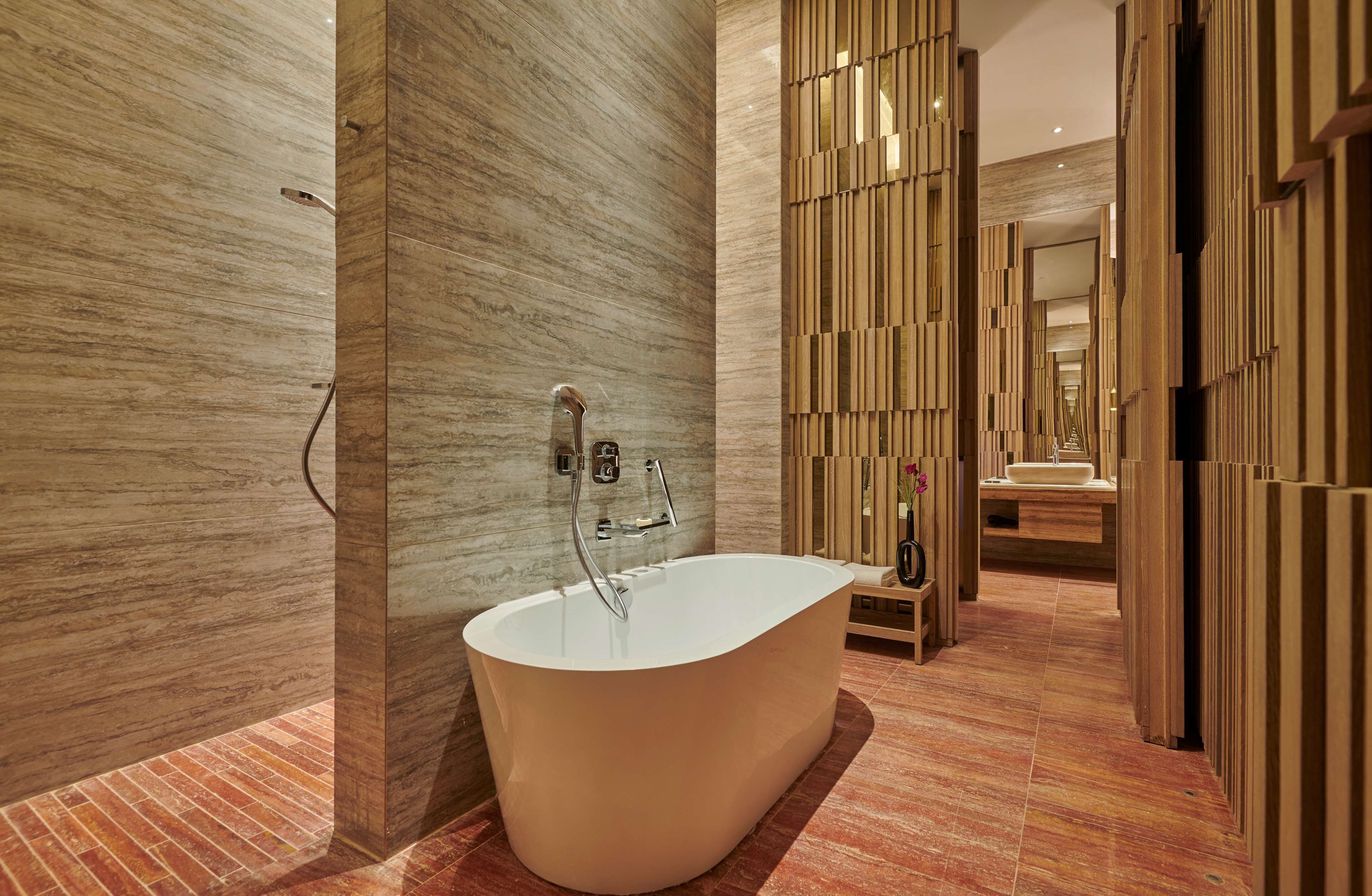 separate bathtub and shower, deep-soaking bathtub, rainfall showerhead