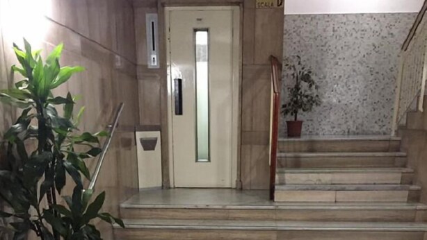 Una escalera con una planta en maceta a la izquierda, una puerta con un letrero encima y una pared con diseño moteado.