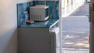 Mini-fridge, coffee/tea maker, electric kettle, toaster