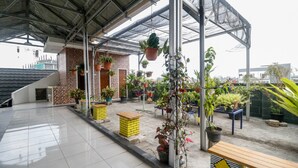 Un espacio al aire libre cubierto con plantas en macetas y un banco de madera.
