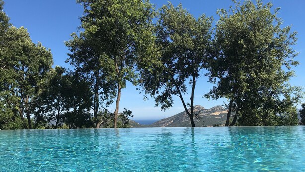 A clear blue infinity pool with a view of trees and distant mountains. - House / Villa - Poggio d''oletta (Poggio-D'oletta)
