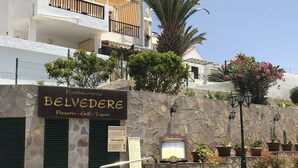 A restaurant named Belvedere with a stone facade, green shutters, and outdoor seating with potted plants.