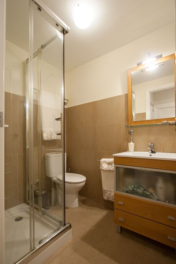 A bathroom with a glass shower enclosure, a toilet, a sink with a mirror, and a vanity with drawers.