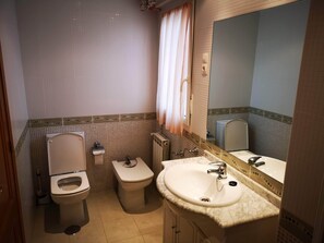 Une salle de bain équipée de toilettes, d’un bidet et d’un lavabo avec un miroir.