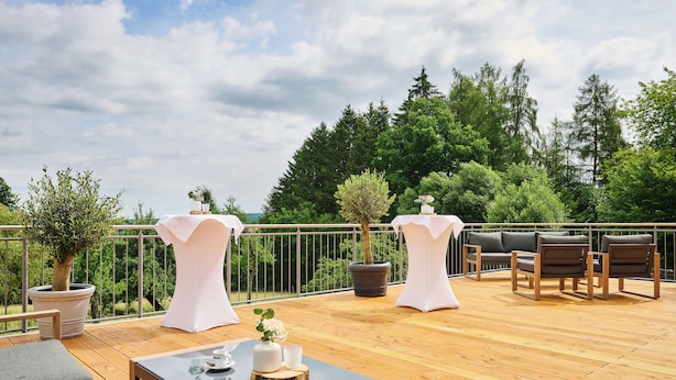 A wooden deck with outdoor furniture, including a table and chairs, and two potted plants. - Landhotel Grashof (Kalbach)