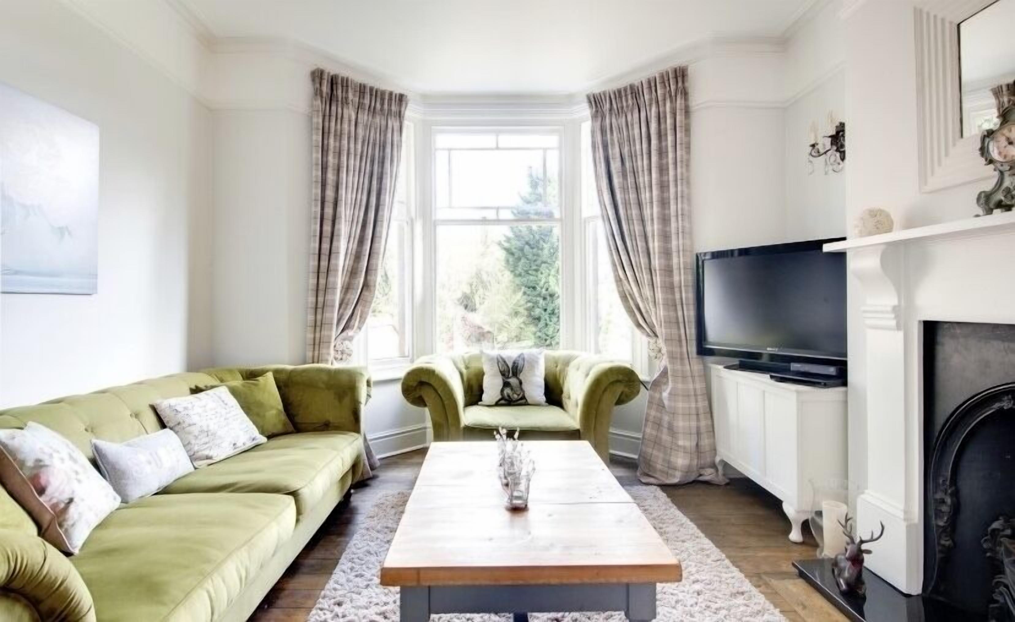 Smart TV, fireplace, DVD player, books