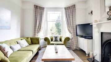 Smart TV, fireplace, DVD player, books