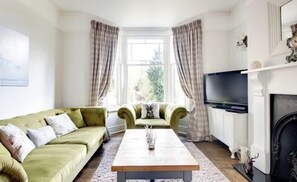 Smart TV, fireplace, DVD player, books