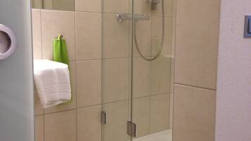 A glass-enclosed shower stall with a handheld showerhead and a handheld mirror.