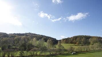 Eine ländliche Landschaft mit sanften Hügeln, blauem Himmel und vereinzelten Bäumen.